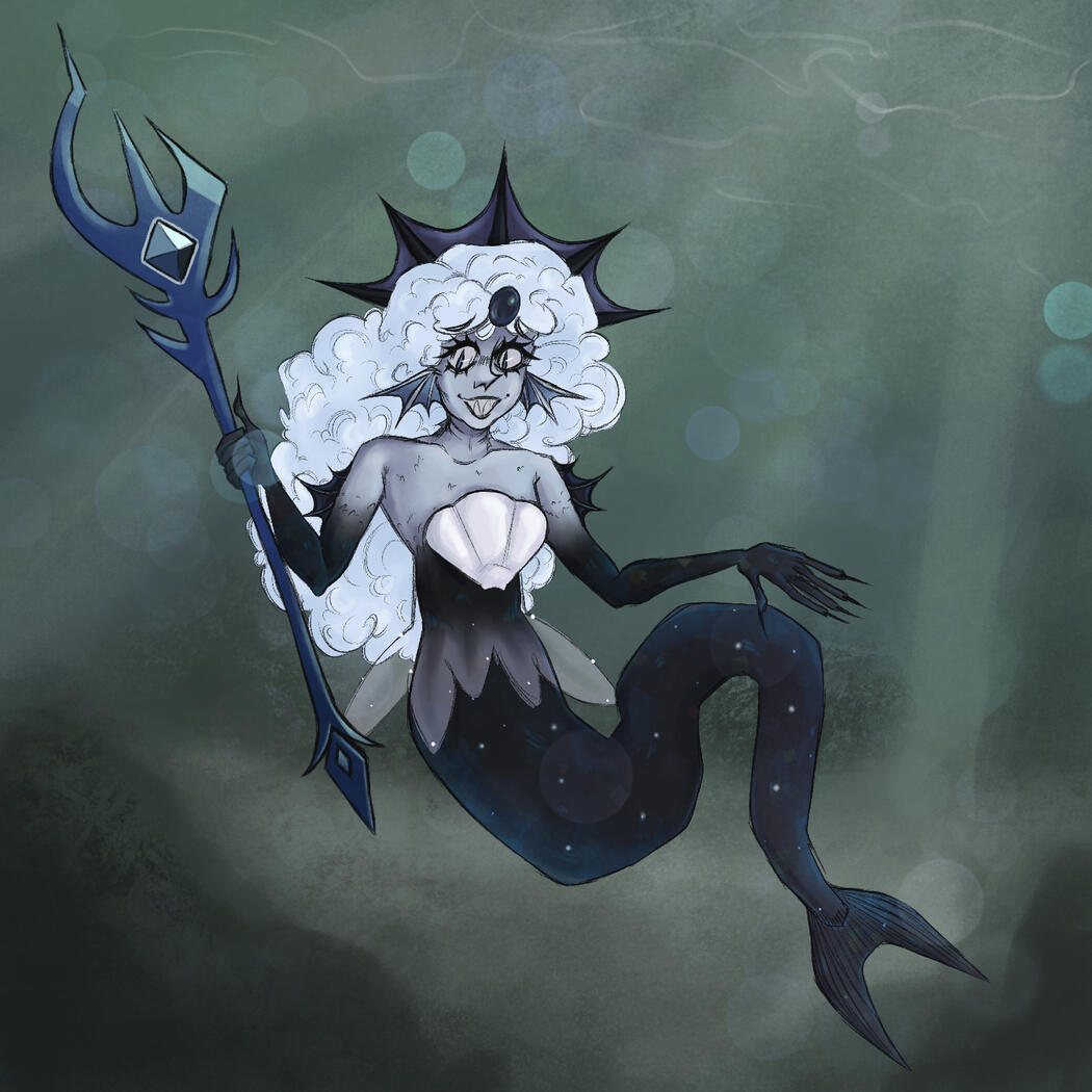 illustration of black pearl cookie in front of a simple underwater background