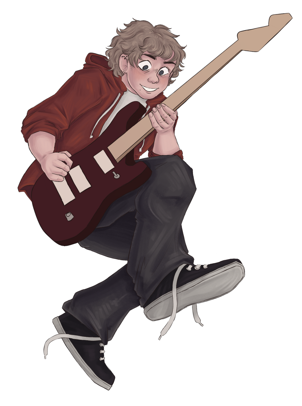 illustration of a young man jumping while playing the guitar