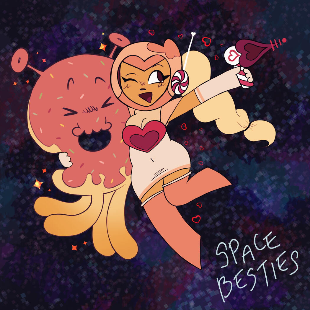 flat color chibi drawing of space doughnut and pink choco cookie