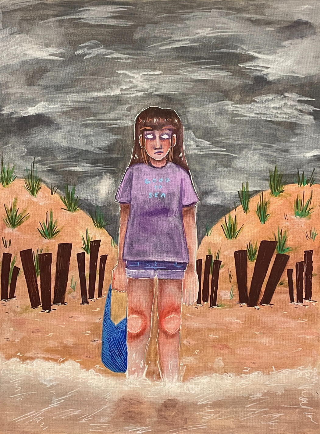 acrylic self-portrait painting featuring a beach and a cloudy gray sky.